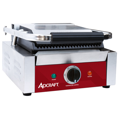 Adcraft Sandwich Grill with Grooved Plates, 8.6" x 9.2" Cooking Surface, in Stainless Steel