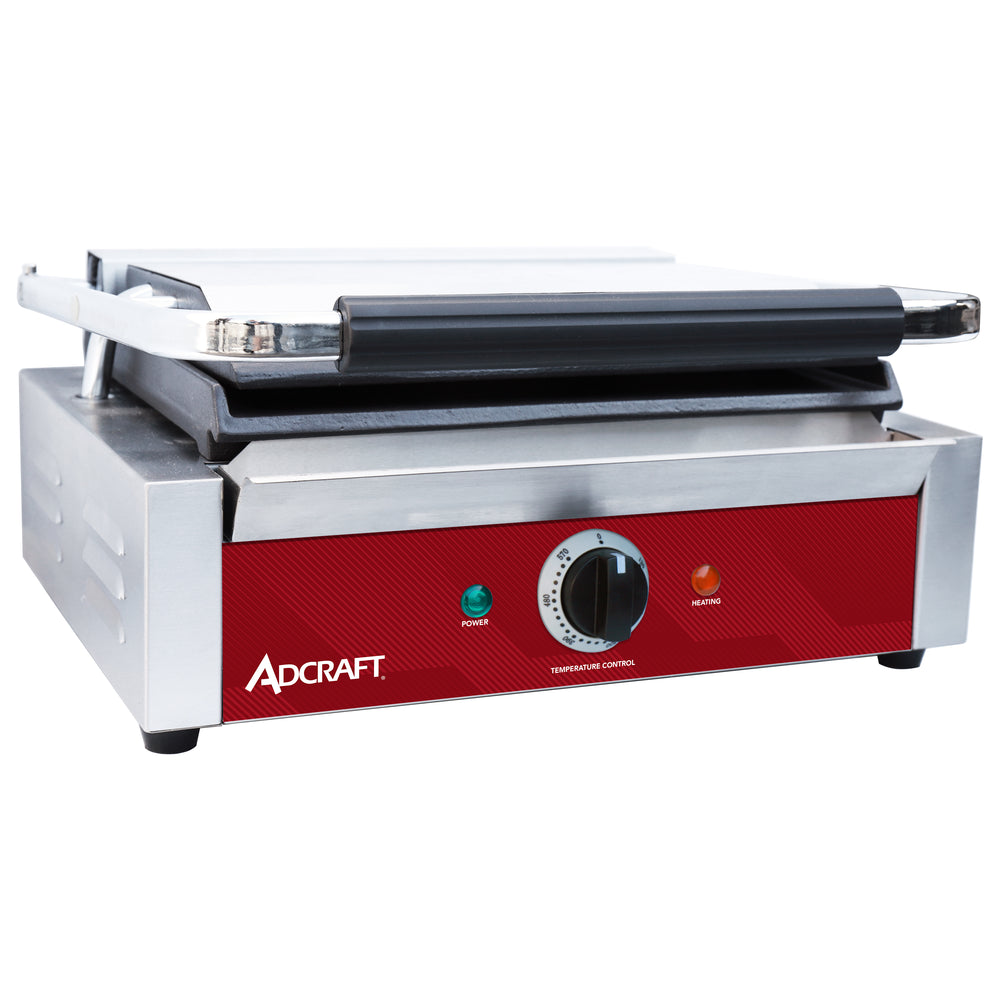 Adcraft Panini Grill with Flat Plates, 13.4" x 9.2" Cooking Surface, in Stainless Steel