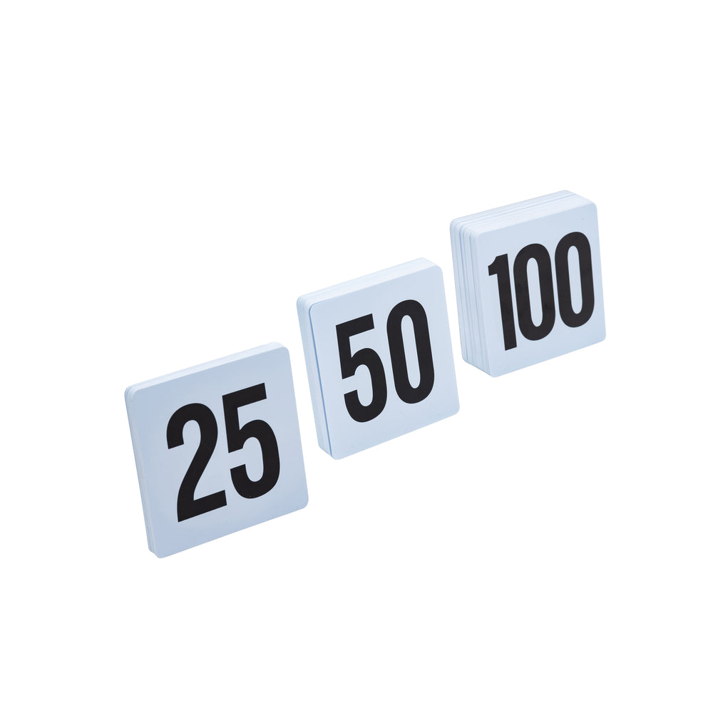 Adcraft Plastic Table Number Cards, 1 to 25, 4" x 4", in White/Black